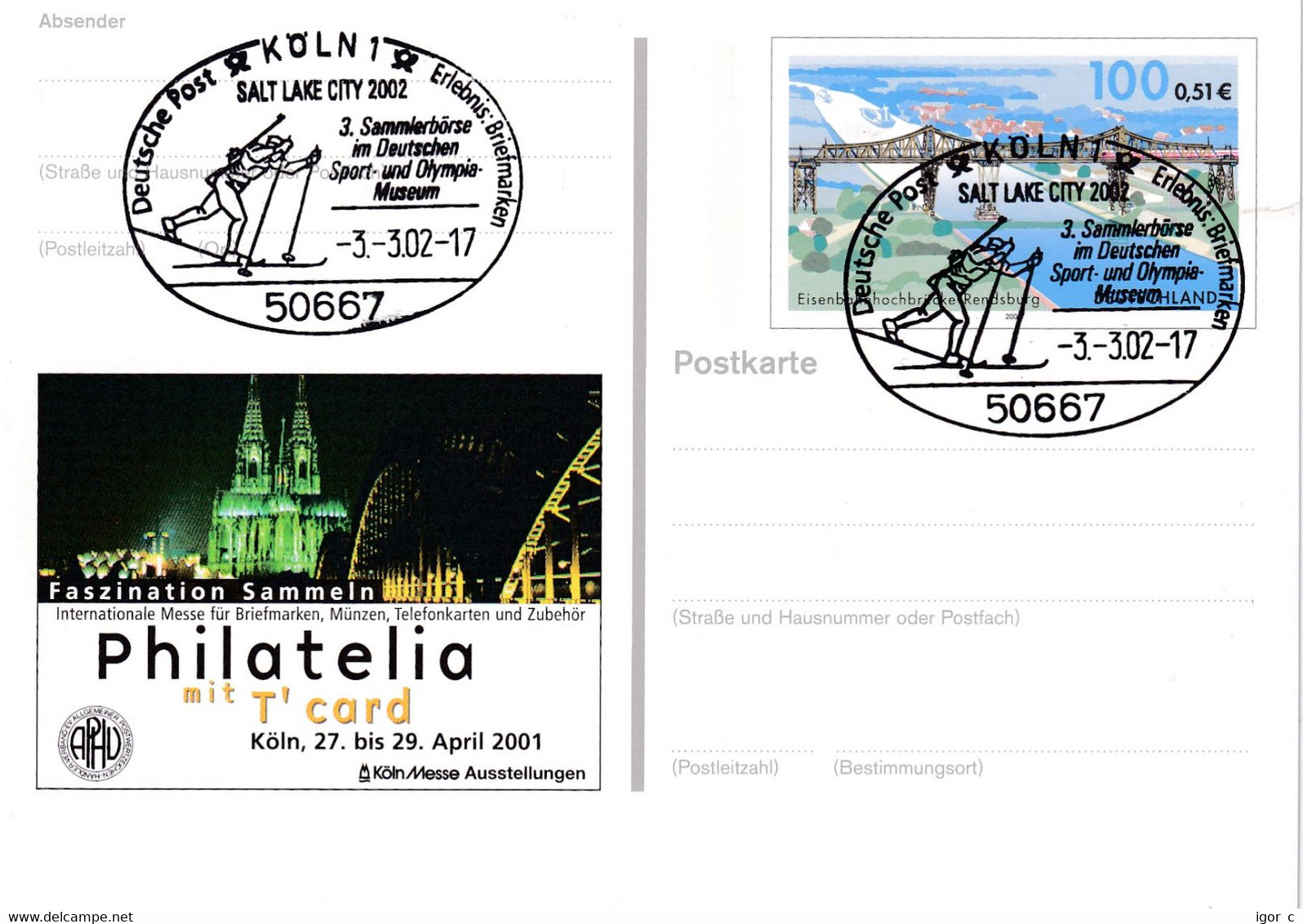 Germany 2002 Postal Stationery Card: Architecture Rendsburg Bridge; Kölner Dom Religion; Olympic Games Biathlon; Salt - Hiver 2002: Salt Lake City