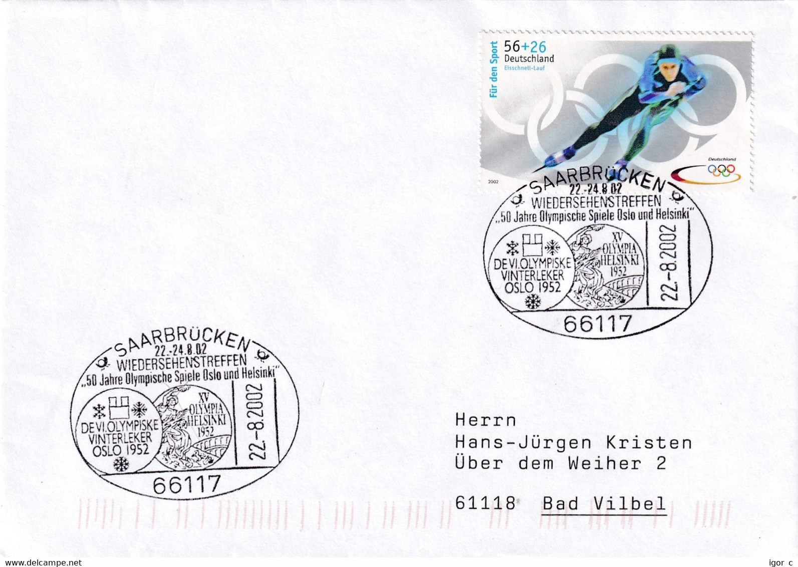 Germany 2002 Cover: 50 Yearsof Olympic Games Helsinki And Oslo 1952 Medal; Speed Skating Salt Lake City - Verano 1952: Helsinki