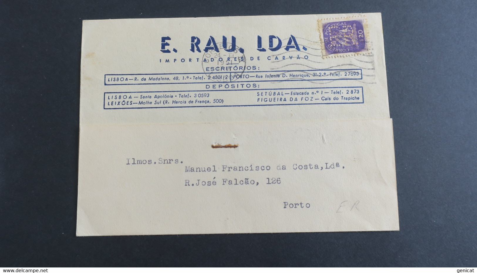 Lettre Commerciale E. Rai . LDA  1951 Lisboa Perforé ER   , Perfin , Lochung Voir Scans - Covers & Documents