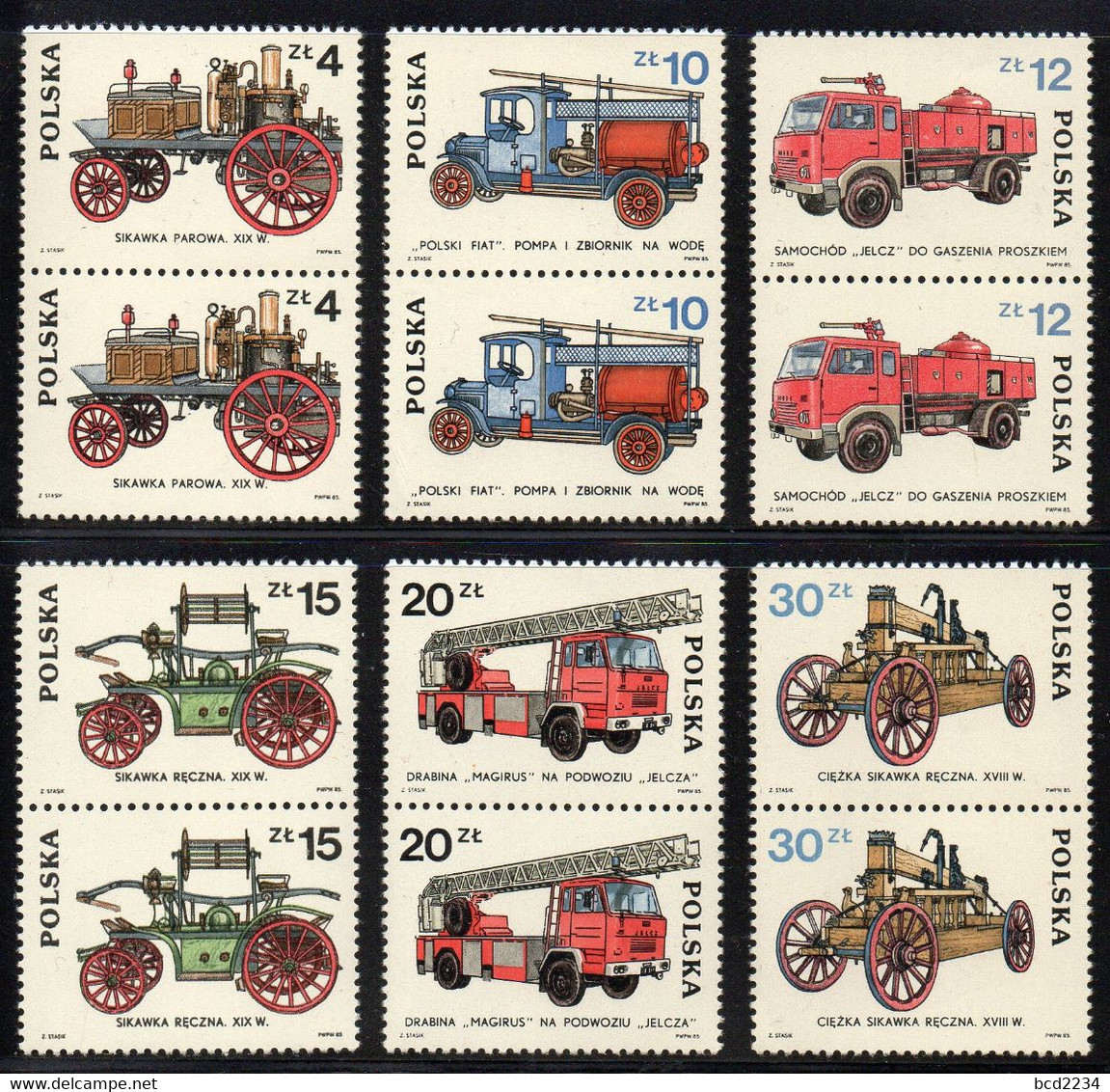 POLAND 1985 ERROR 2817 B3 DEVELOPMENT OF FIRE FIGHTING SERVICE ENGINES TRUCKS VEHICLES PAIRS NHM Transport Steam Firemen - Errors & Oddities