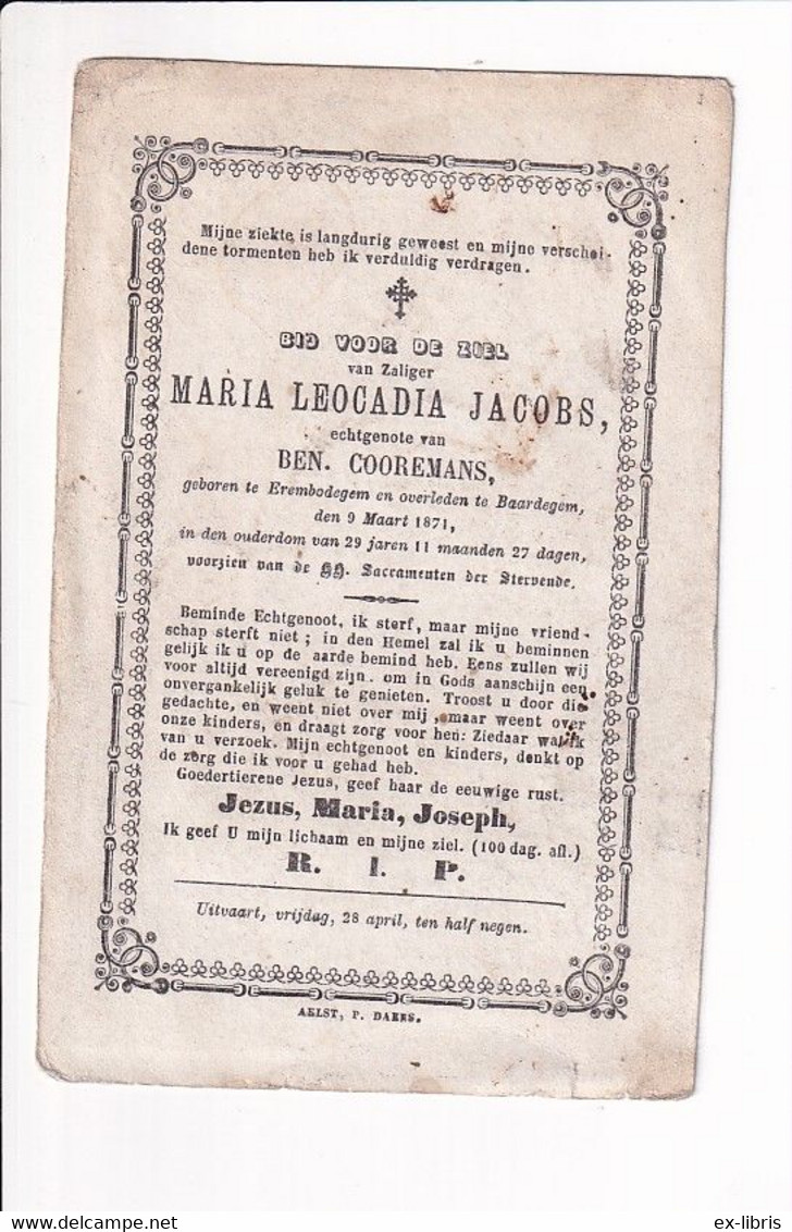 EREMBODEGEM - BAARDEGEM - Maria Leocadia Jacobs ° Erembodegem 1842 - † Baardegem 09/03/1871 - Andachtsbilder