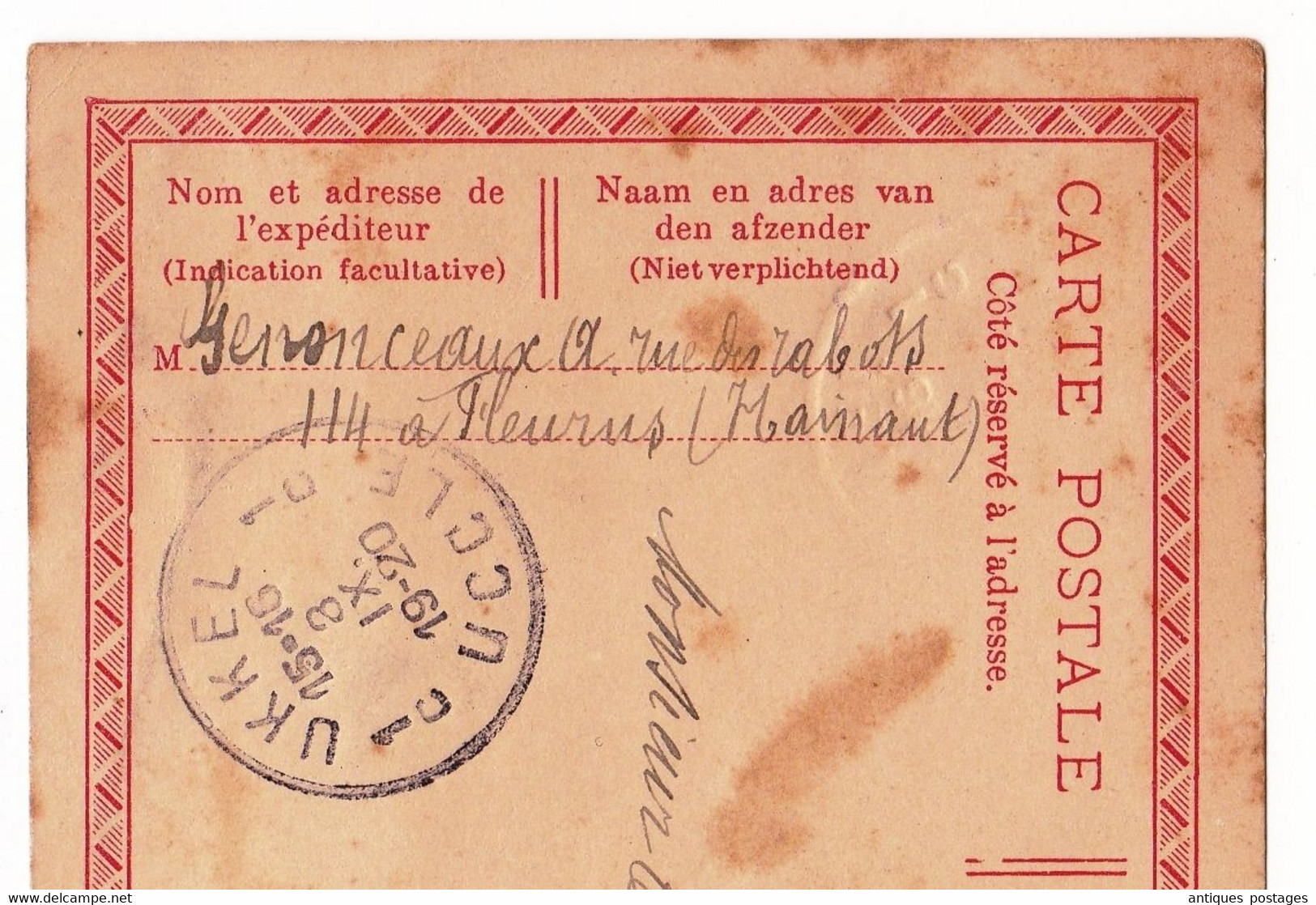 Belgique Entier Postal 1920 Fleurus Ukkel Receveur Des Contributions - Cartoline 1909-1934