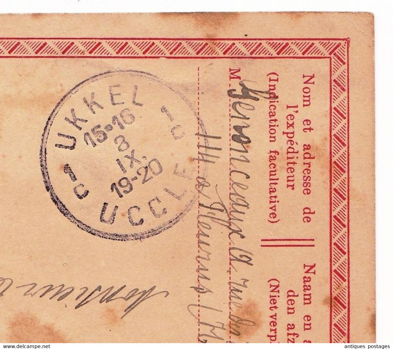 Belgique Entier Postal 1920 Fleurus Ukkel Receveur Des Contributions - Briefkaarten 1909-1934