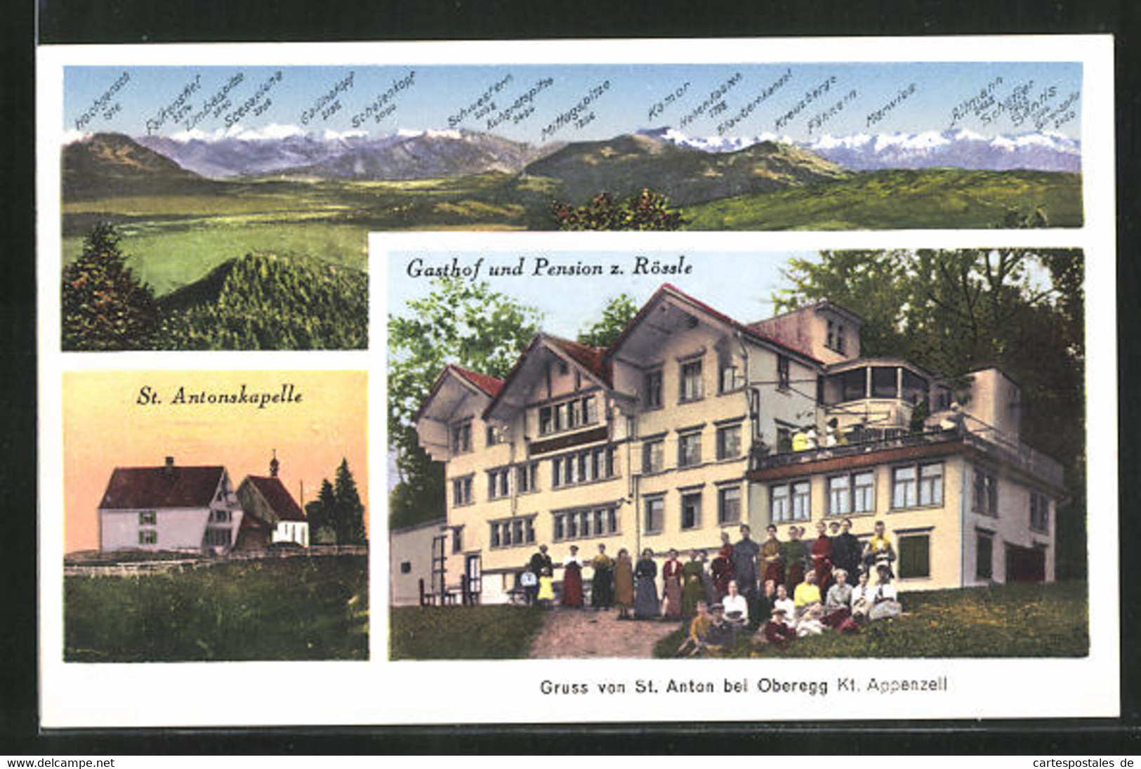 AK Oberegg /Appenzell, Gasthof Und Pesnion Z. Rössle, St. Antonskapelle, Panorama Mit Kamor, Marwies & Säntis - Oberegg