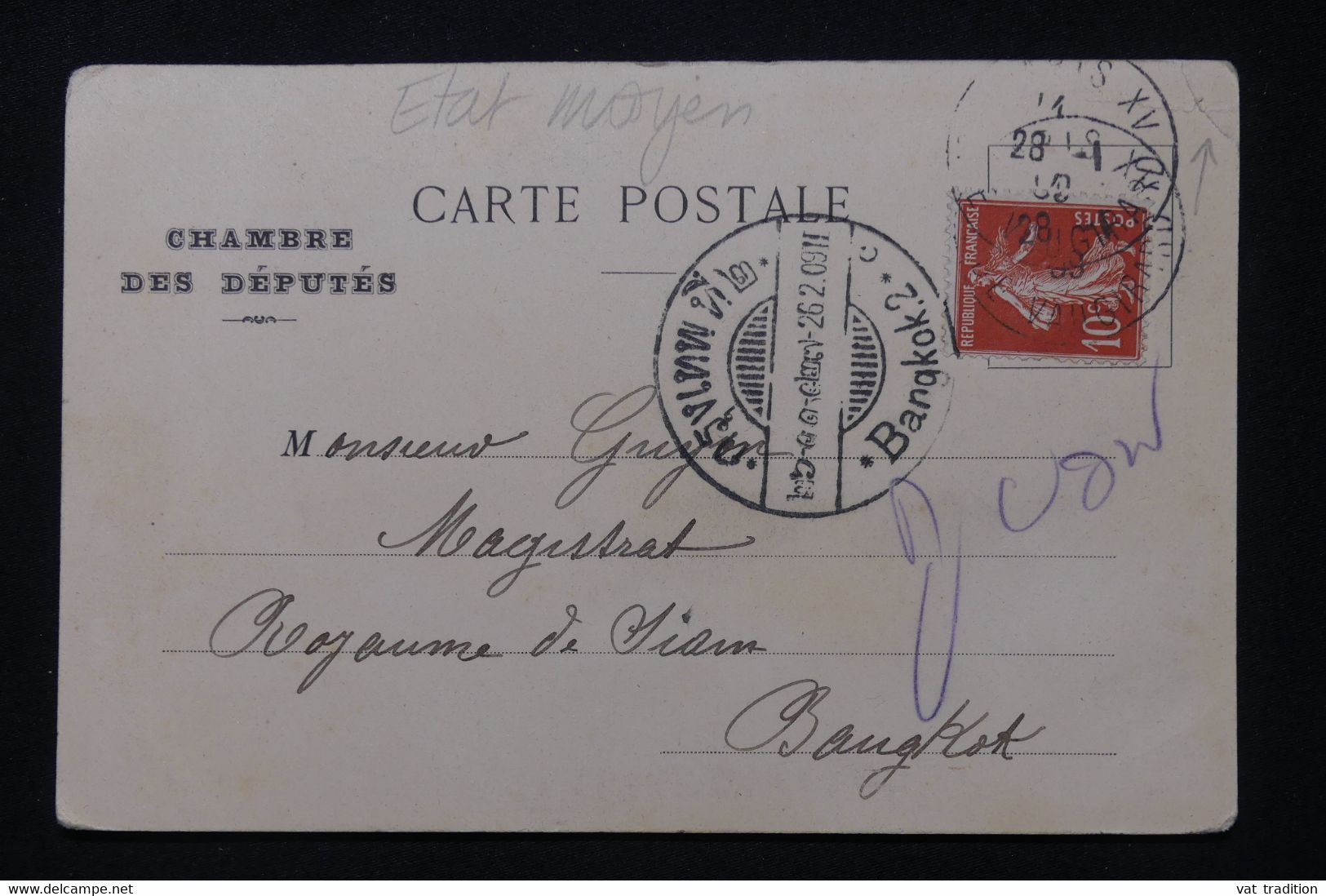 SIAM - Oblitération D'arrivée De Bangkok Sur Carte Postale De France En  1909 - L 100424 - Siam