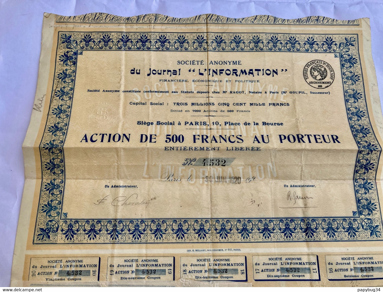 S.A.  Du  JOURNAL  ' L' INFORMATION  ' ------- Action  De  500 Frs - Industrie