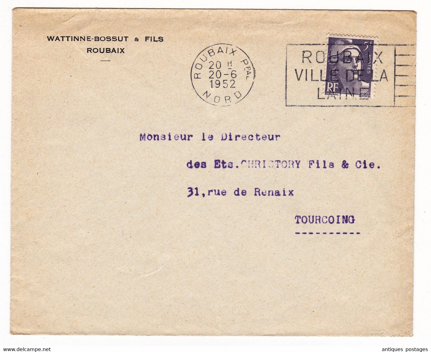 Lettre 1952 Roubaix Nord Wattine Bossut & Fils Marianne De Gandon 5f  Flamme Roubaix Ville De La Laine - 1945-54 Marianne Of Gandon