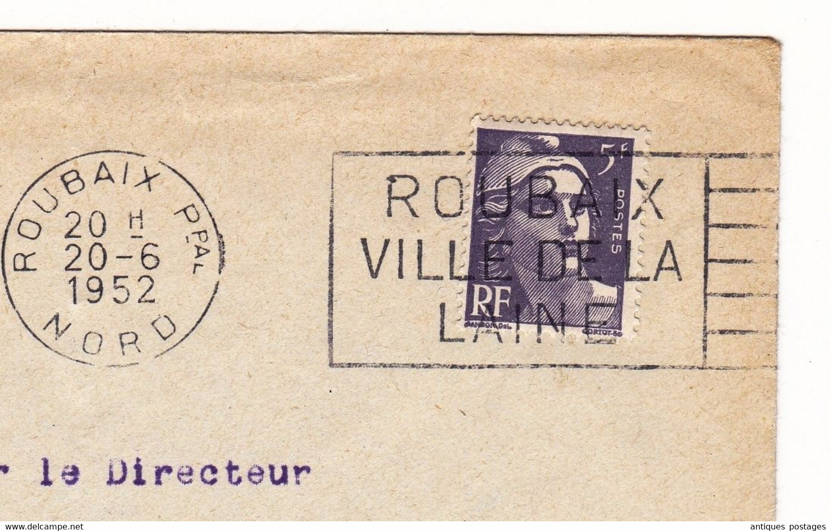 Lettre 1952 Roubaix Nord Wattine Bossut & Fils Marianne De Gandon 5f  Flamme Roubaix Ville De La Laine - 1945-54 Marianne Of Gandon