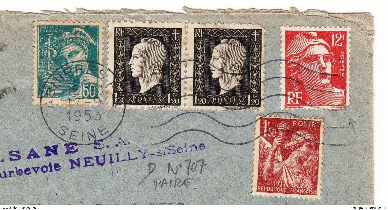 Lettre 1953 Asnières Ameublement Meuble Raoul Bel Castres Tarn Paire Marianne Dulac 1F Elsane Neuilly Sur Seine - 1944-45 Marianne De Dulac