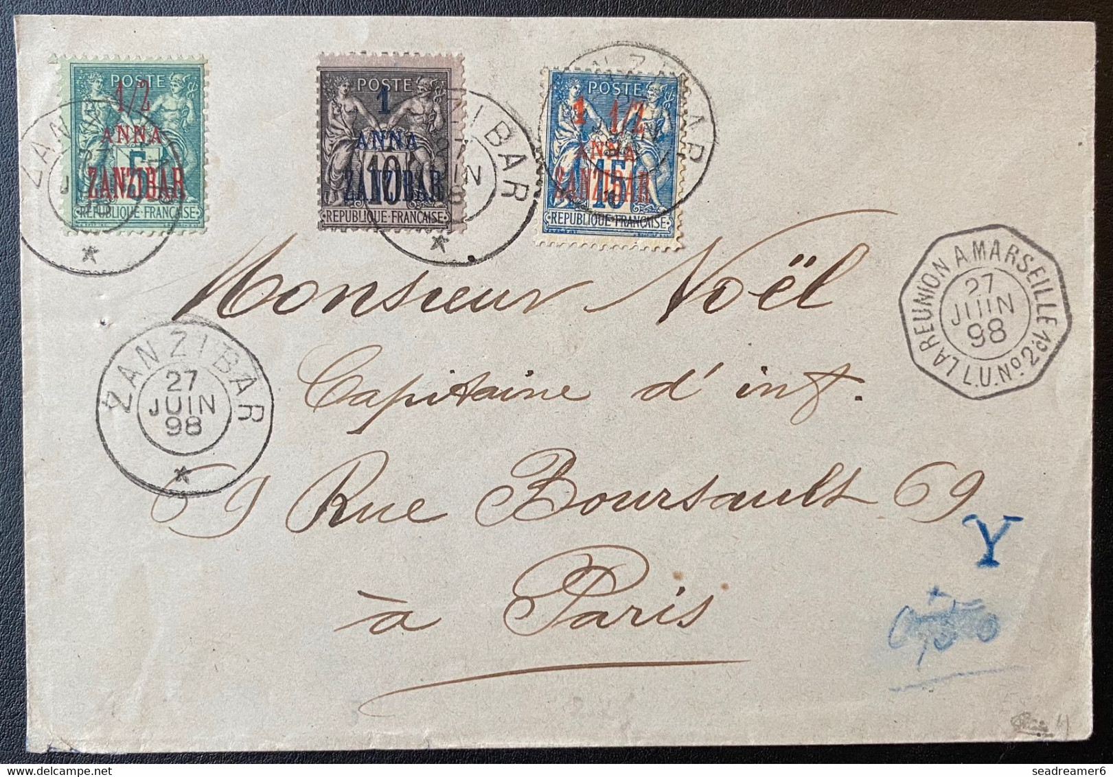 Colonies Lettre Zanzibar Avec N°17,20 & 22 Obl Dateur Zanzibar 27 Juin 1898 + Dateur "reunion A Marseille" Signé Calves - Lettres & Documents