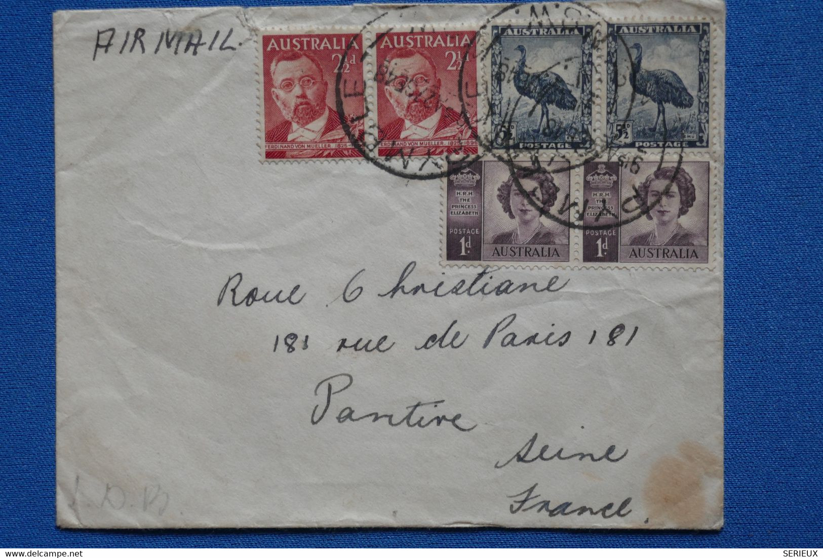 V12 AUSTRALIA BELLE LETTRE  RARE  1948 PAR AVION  POUR PANTIN P PARIS FRANCE.+3  PAIRES DE T.P+ AFFRANCH. INTERESSAN - Cartas & Documentos