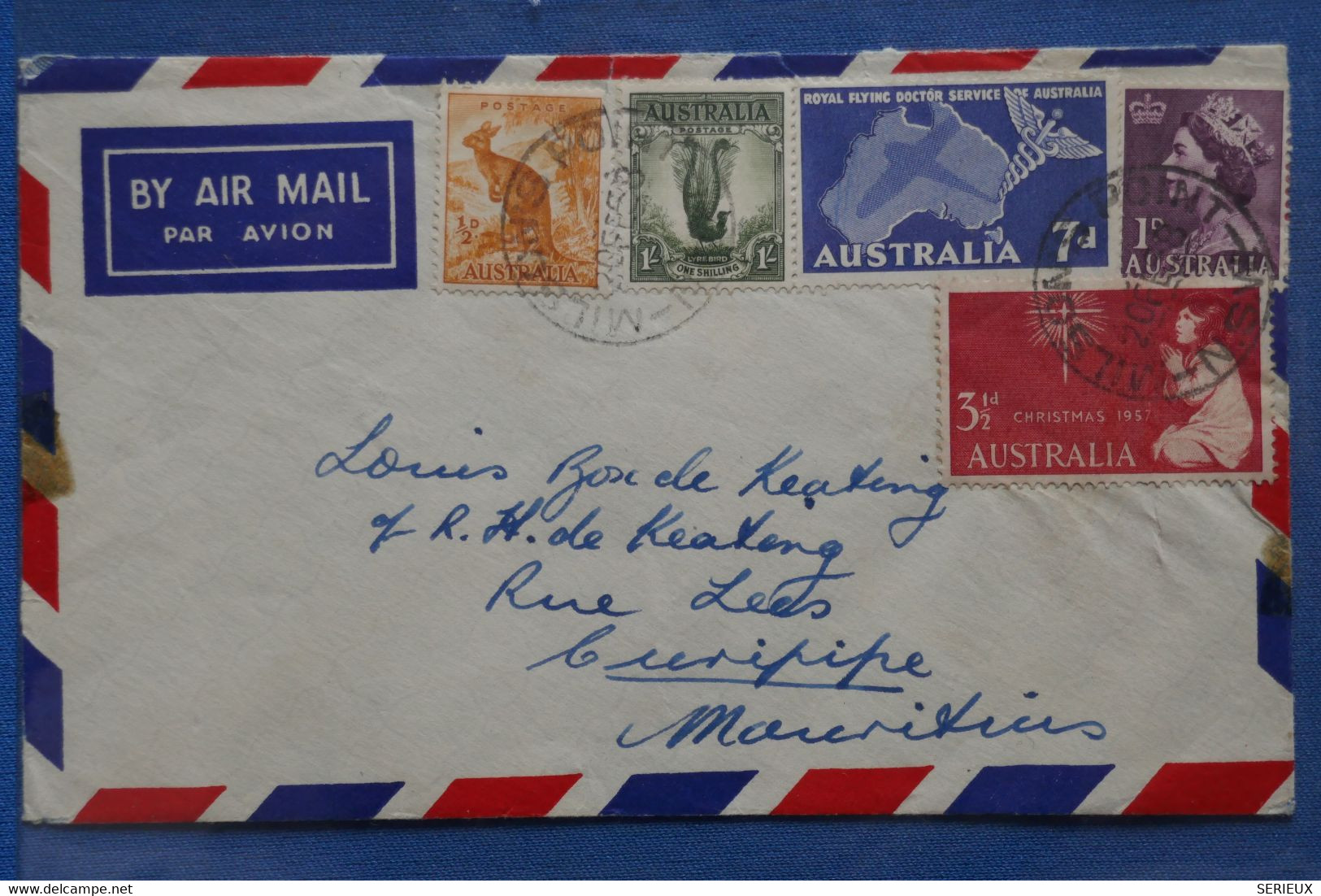 V12 AUSTRALIA BELLE LETTRE   1958 PAR AVION VILLAROAD POUR  MAURITIUS   + AFFRANCH. INTERESSANT+++ - Cartas & Documentos
