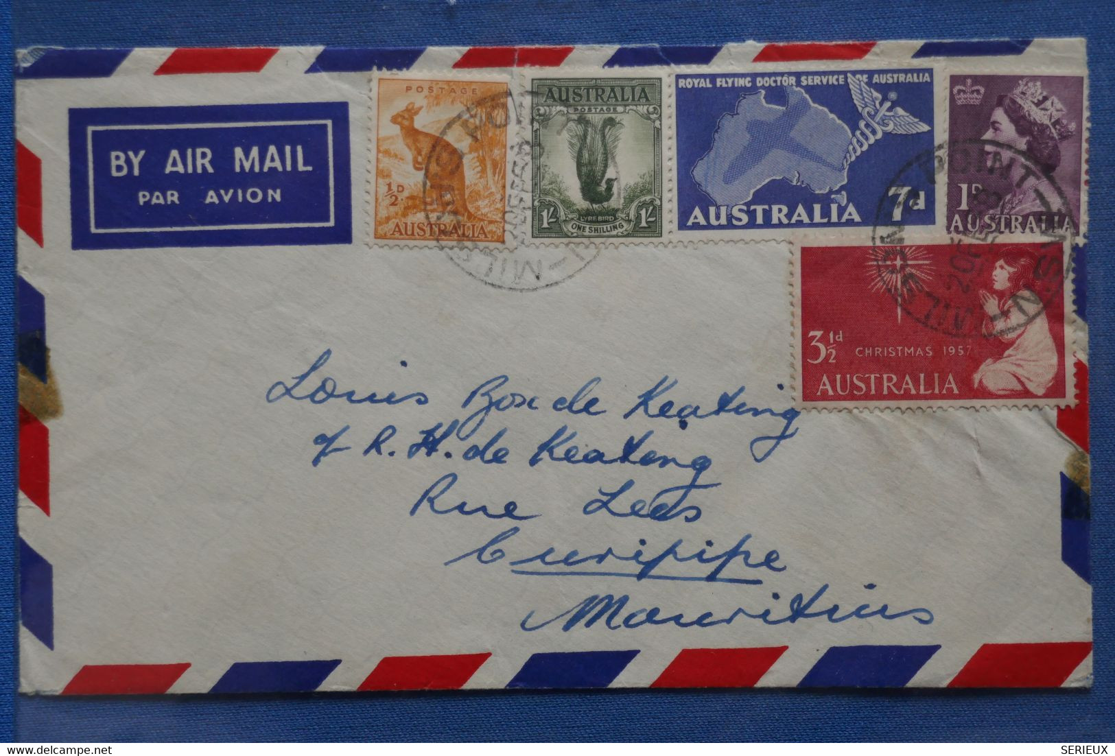 V12 AUSTRALIA BELLE LETTRE   1958 PAR AVION VILLAROAD POUR  MAURITIUS   + AFFRANCH. INTERESSANT+++ - Storia Postale