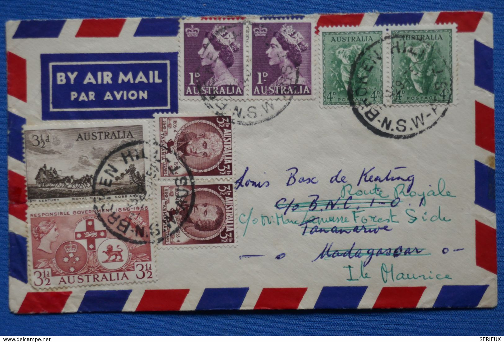 V12 AUSTRALIA BELLE LETTRE 1957 PAR AVION BROKEN POUR  MAURITIUS 3 PAIRES DE T.P   + AFFRANCH. INTERESSAN - Covers & Documents