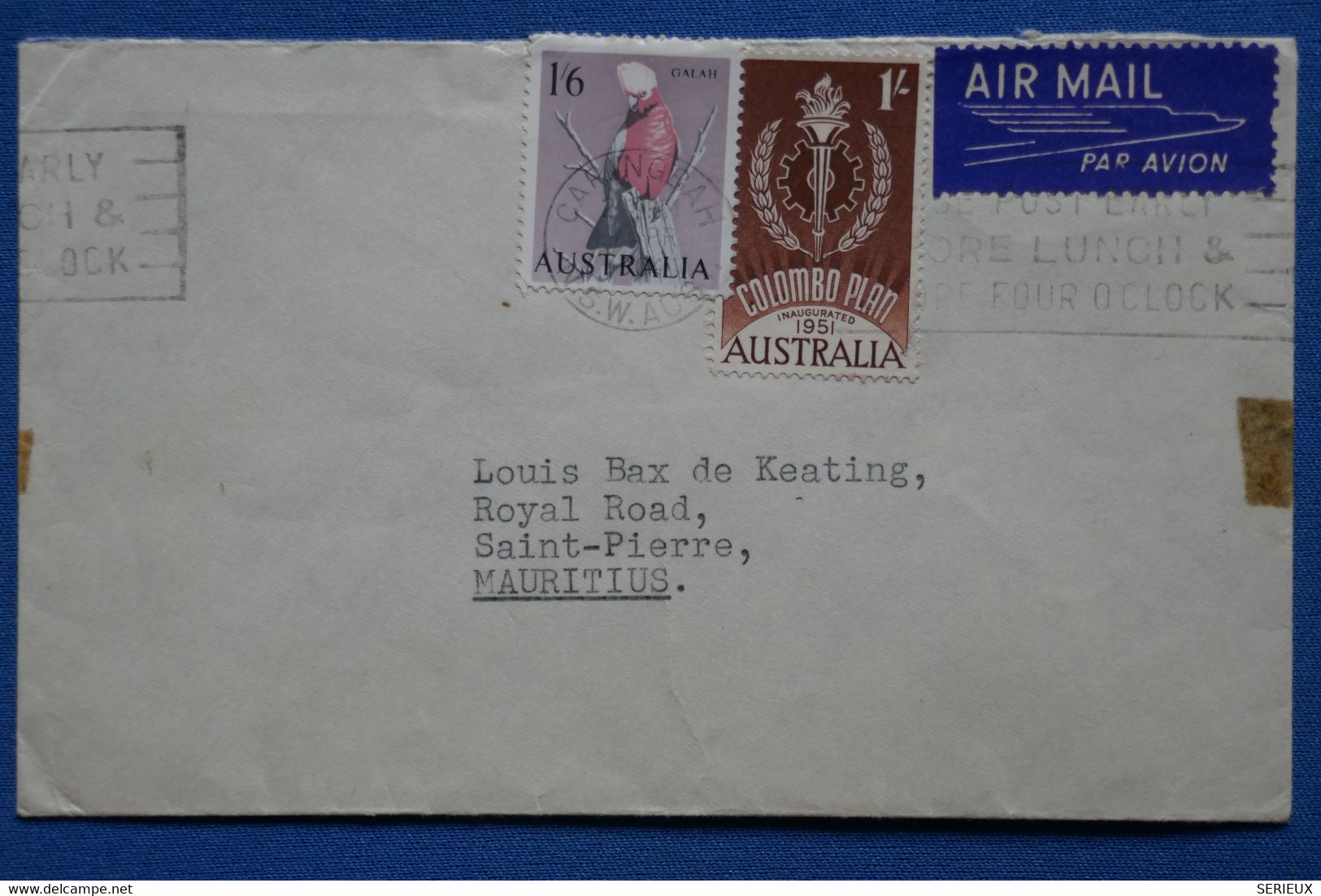 V12 AUSTRALIA BELLE LETTRE 1951 PAR AVION CARINGBAH POUR  MAURITIUS 3 PAIRES DE T.P   + AFFRANCH. INTERESSAN - Lettres & Documents
