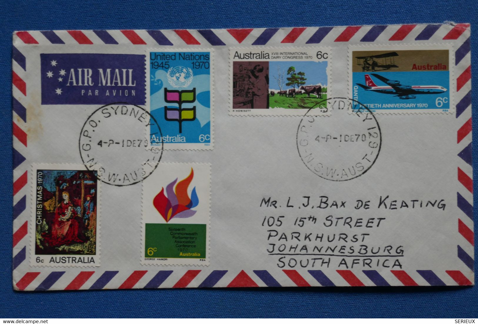 V12 AUSTRALIA BELLE LETTRE 1972 PAR AVION SYDNEY  POUR  JOHNNESBURG SOUTH AFRICA +VIGNETTE  + AFFRANCH. PLAISAN - Storia Postale