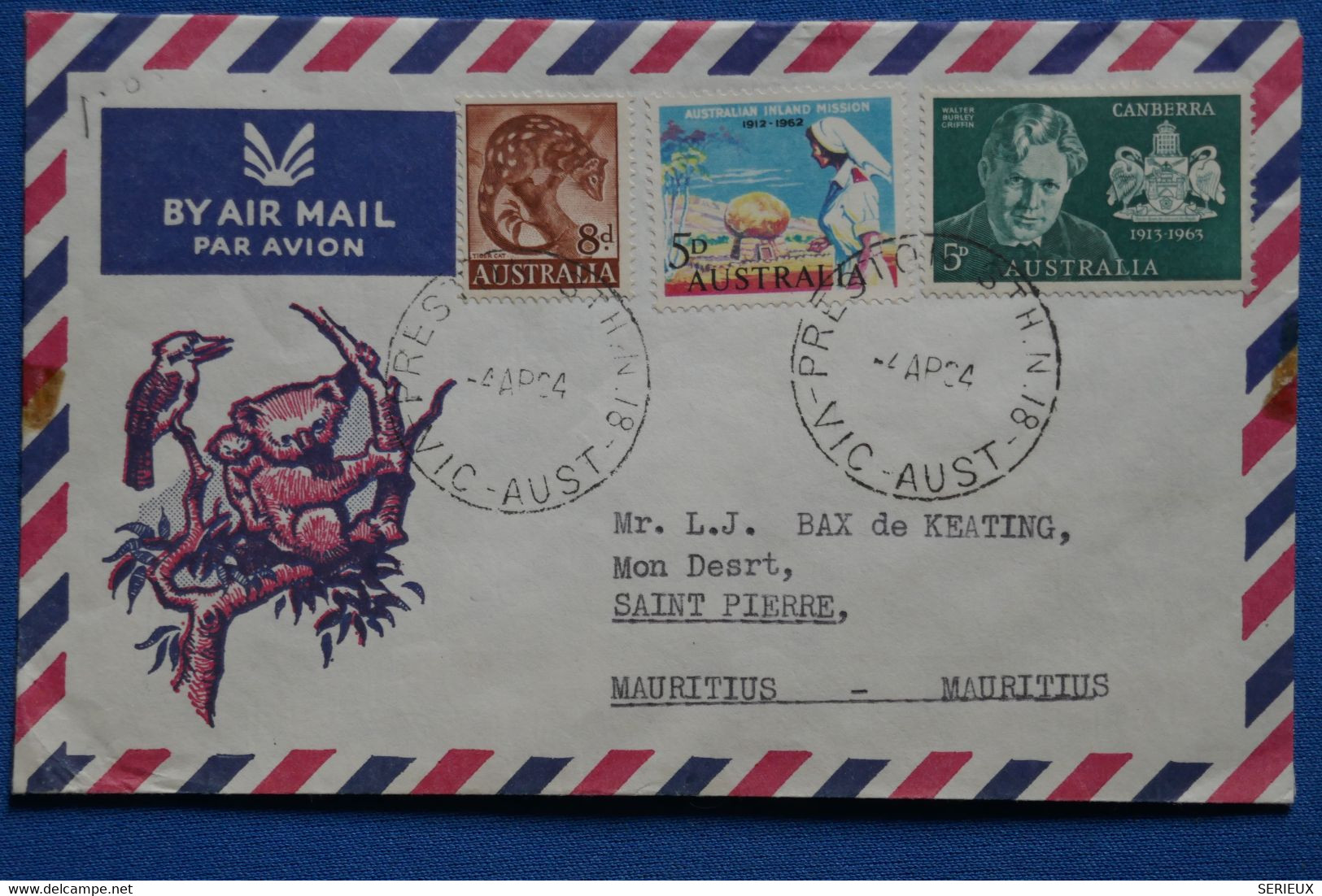 V12 AUSTRALIA BELLE LETTRE 1964 PAR AVION PRESTON  POUR  MAURITIUS+ AFFRANCH. PLAISAN - Storia Postale