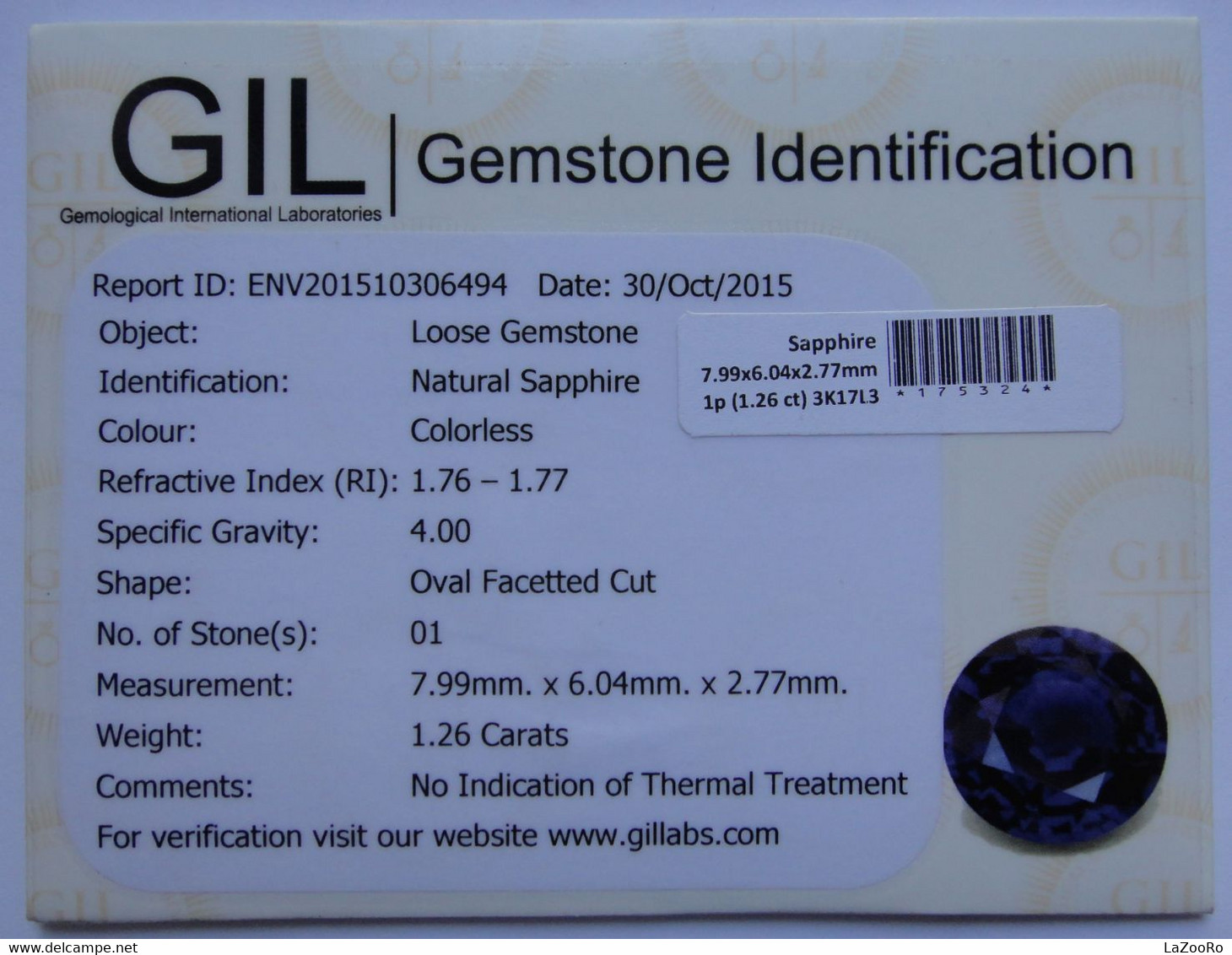 LaZooRo: Sapphire 1.26ct - Certificate - Sapphire