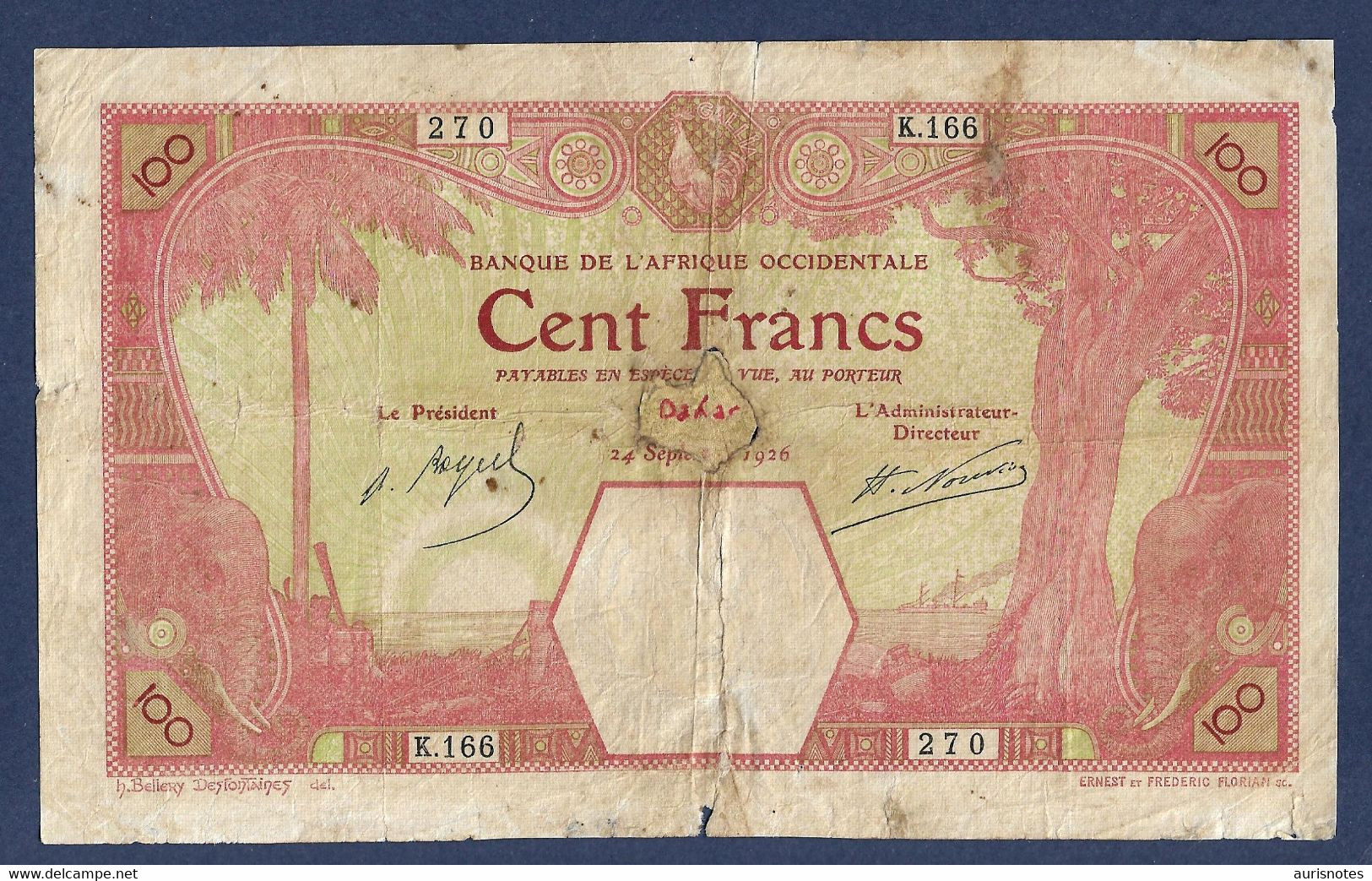 French West Africa 100 Francs 1926 P11Bb Fine+ - West African States