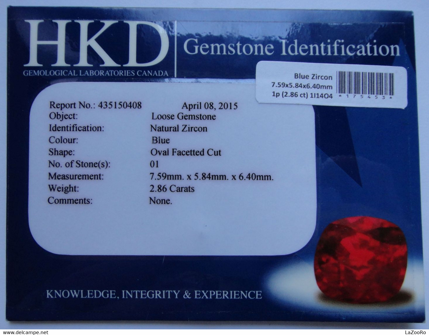 LaZooRo: Blue Zircon 2.86ct - Certificate - Zircón