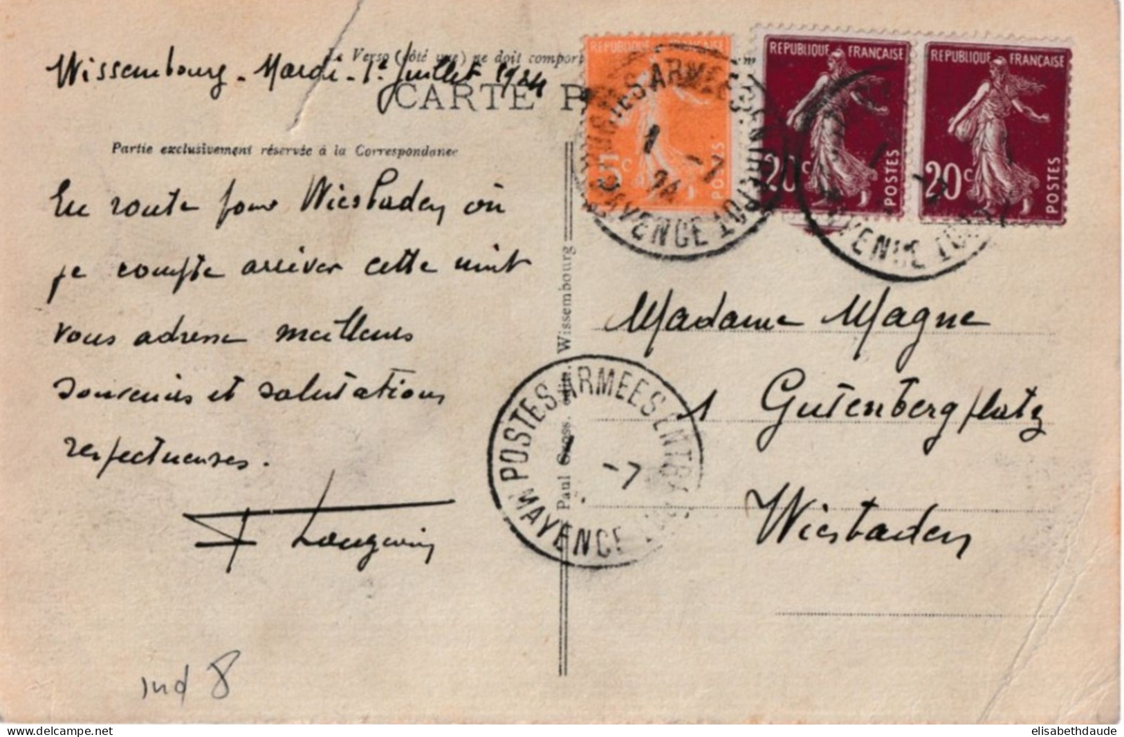1924 - OCC. FRANCAISE EN ALLEMAGNE ! - CPFM De WISSEMBOURG (ALSACE) OBLITERE MAYENCE ENTREPOT - SP180 (WIESBADEN) AU DOS - Military Postmarks From 1900 (out Of Wars Periods)