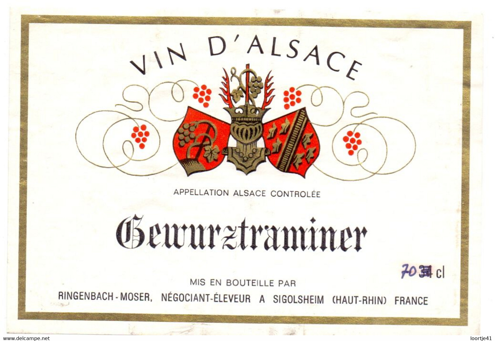 Etiket Etiquette - Vin Wijn - Alsace - Gewurztraminer - Ringenbach - Moser à Sigolsheim - Gewurztraminer