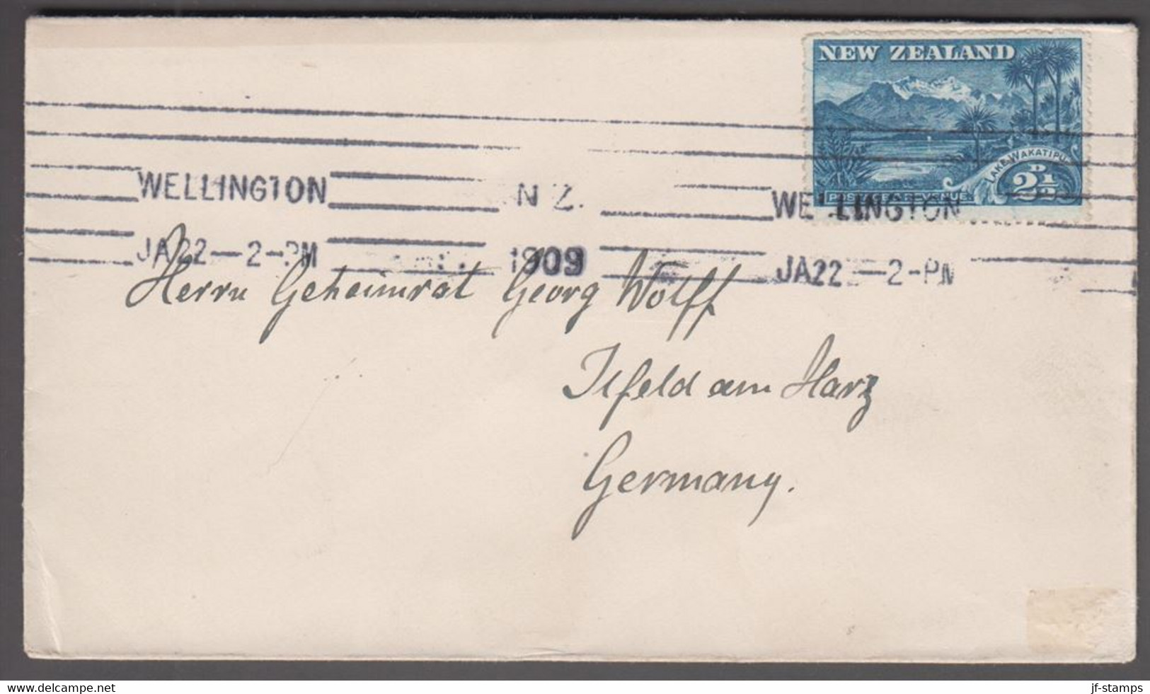 1909. New Zealand.  Landscapes And Birds 2½ D LAKE WAKATIPU  Perf. 14 On Small Cover ... (MICHEL 103C) - JF421837 - Storia Postale