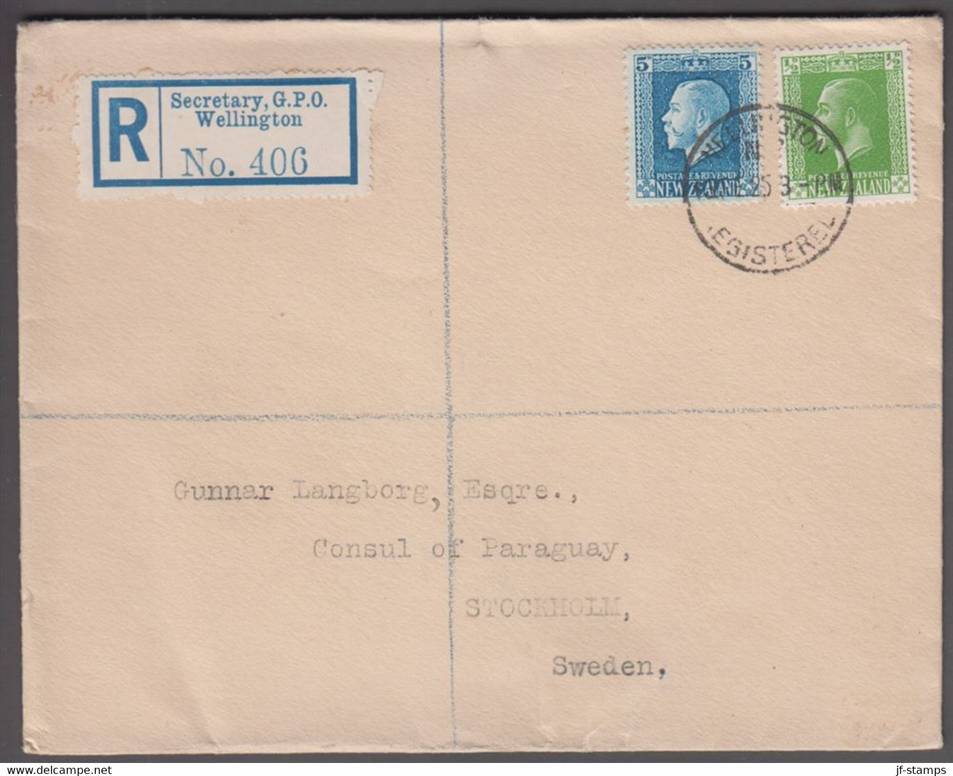 1925. New Zealand. Georg V 5 D +½ D On Nice Registered Cover To Consul Of Paraguay, S... (MICHEL 161+) - JF421840 - Lettres & Documents