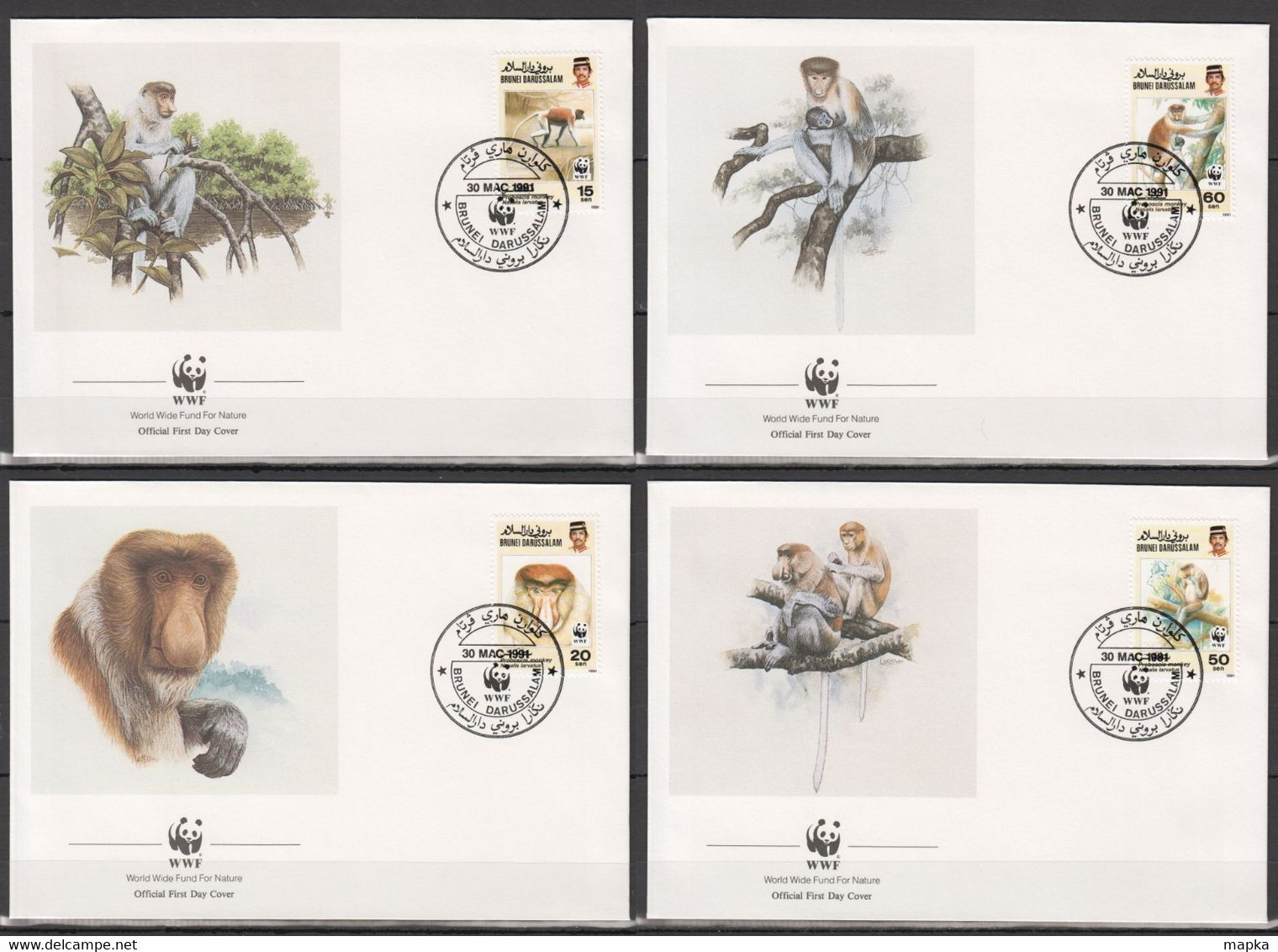 QQ579 1991 BRUNEI PROBOSCIS MONKEYS WWF 4 FDC ENVELOPES - FDC