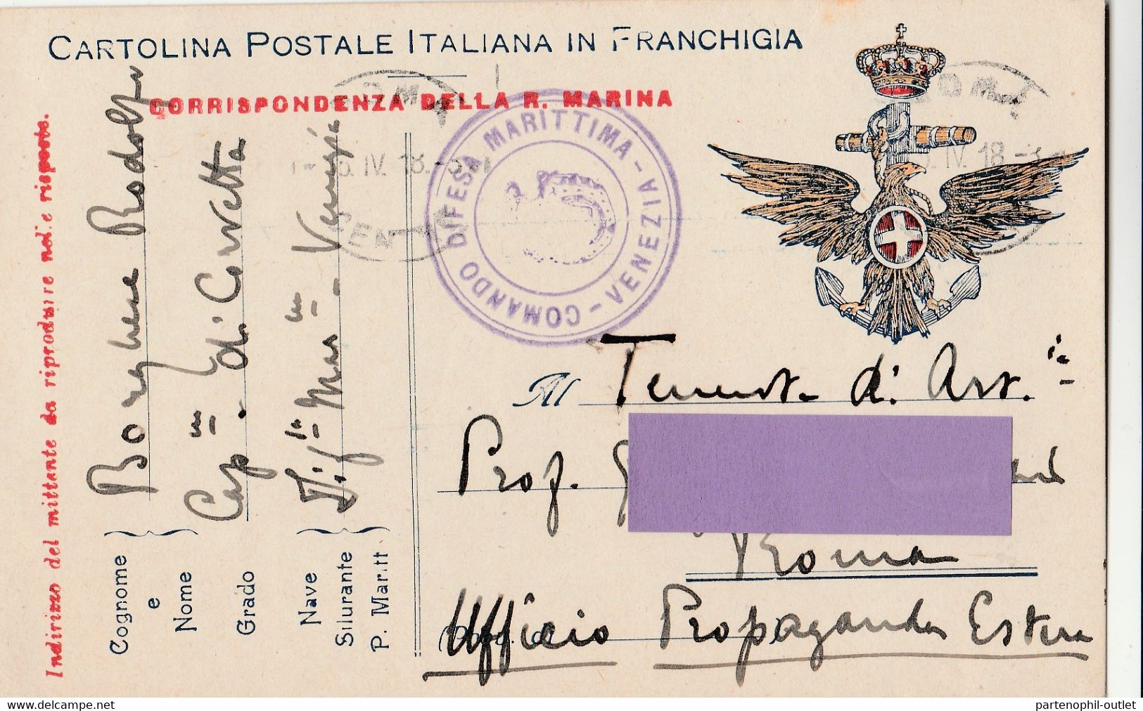 Cartolina In Franchigia /  Postcard /   Viaggiata - Sent /   Forze Armate Per La Marina - Guerre 1914-18