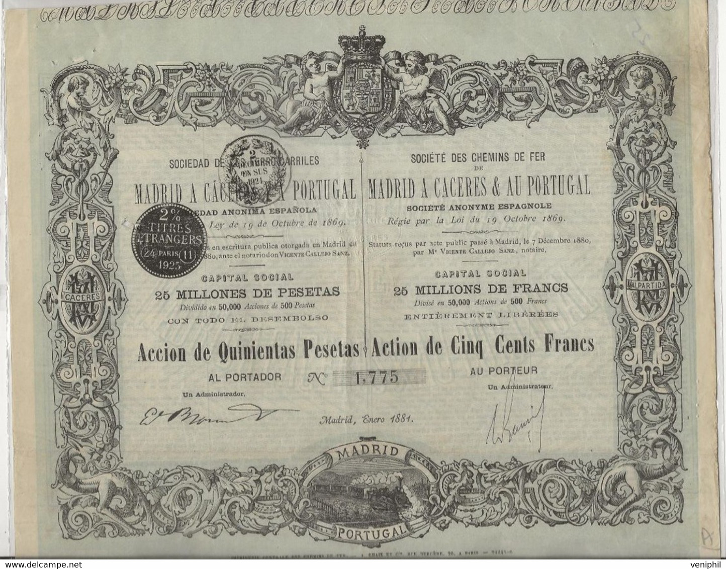 CHEMIN DE FER DE MADRID A CACERES ET AU PORTUGAL - ACTION DE 500 FRANCS  - ANNEE 1881 - Chemin De Fer & Tramway