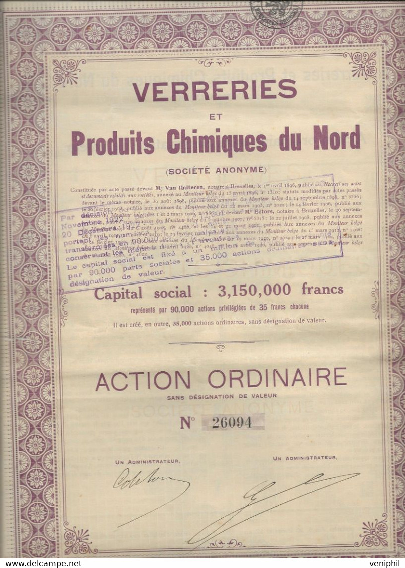 VERRERIIES ET PRODUITS CHIMIQUES DU NORD - ACTION ORDINAIRE  -ANNEE 1920 - Industrie