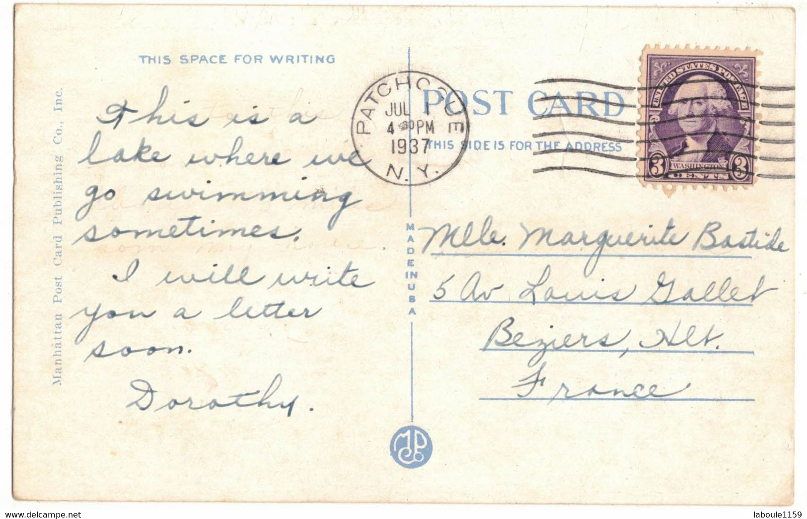 ETATS UNIS D'AMERIQUE : NY NEW YORK LONG ISLAND CANAAN LAKE PATCHOGUE - WITH STAMP CIRCULEE BEZIERS EN 1937 - Long Island