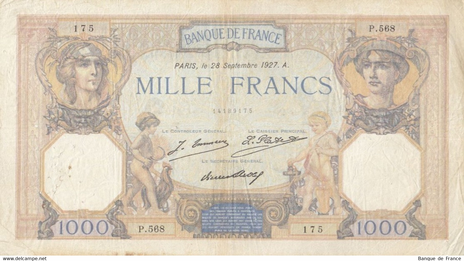 Billet 1000 F Cérès Et Mercure Du 28-9-1927 FAY 37.01 Alph. P.568 - 1 000 F 1927-1940 ''Cérès Et Mercure''
