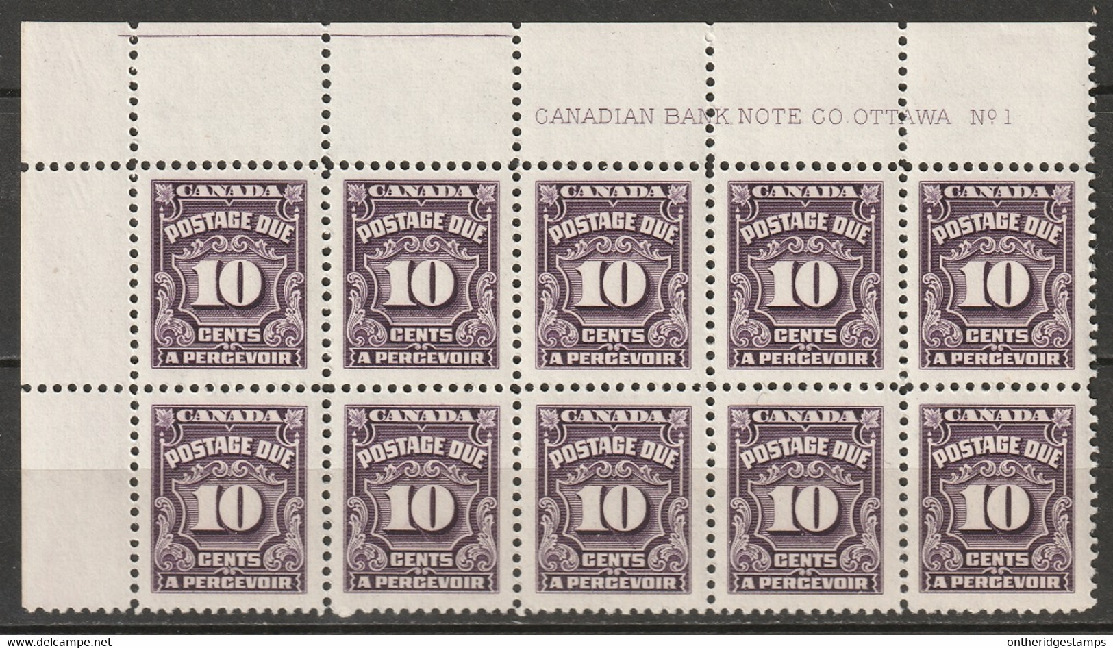 Canada 1935 Sc J20  Postage Due Plate 1 UL Block Of 10 MNH** - Port Dû (Taxe)