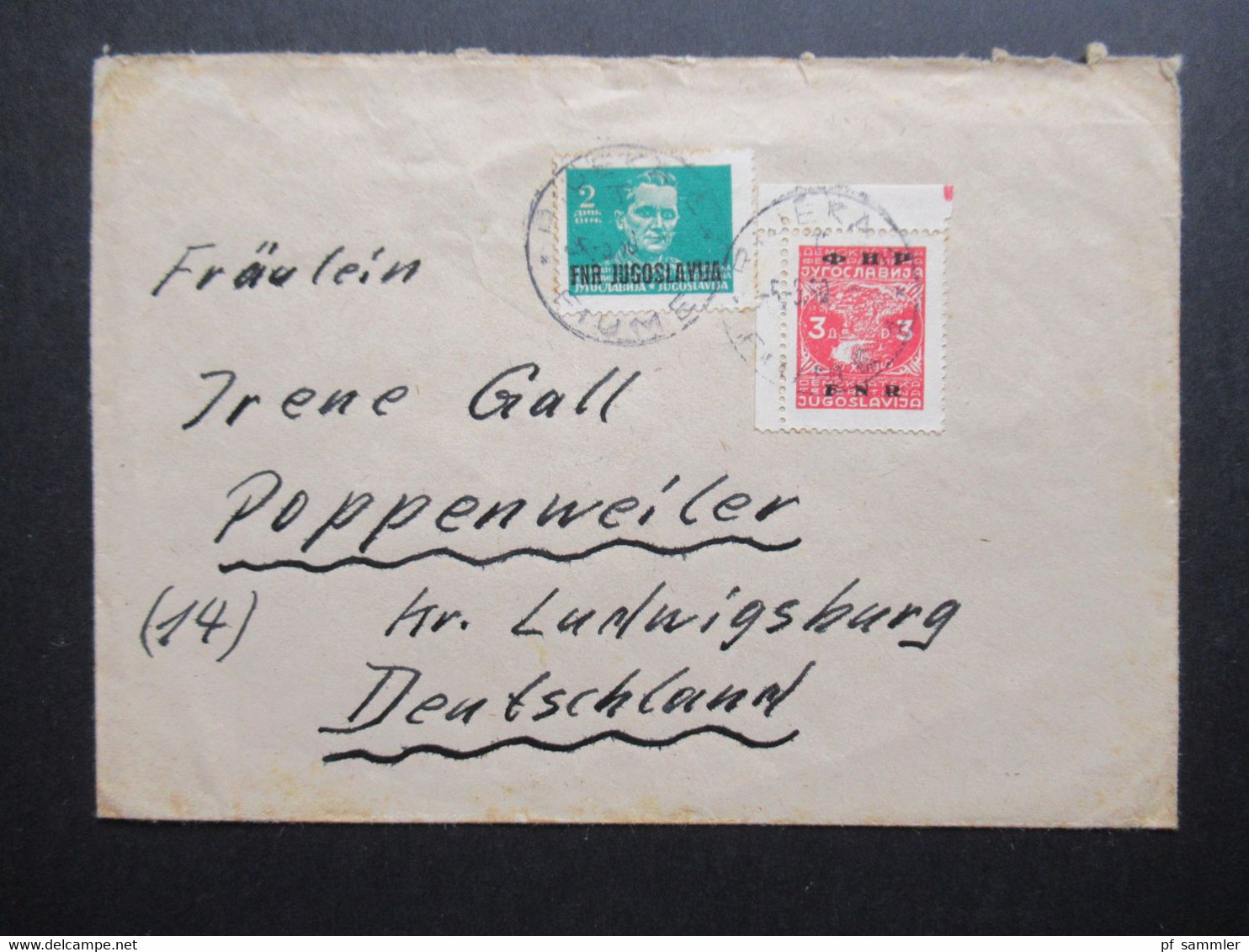 Jugoslawien 1950 Freimarken Mit Aufdruck FNR Nr. 603 Eckrandstück Nach Poppenweiler Kr. Ludwigsburg Gesendet - Lettres & Documents