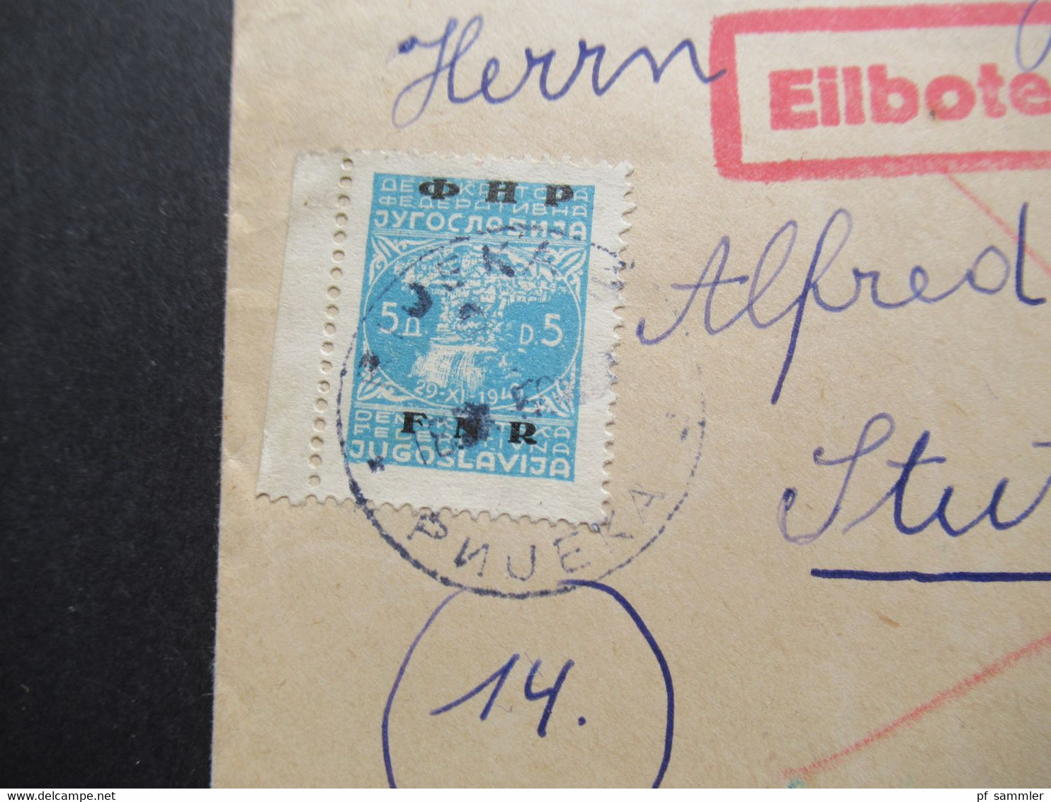 Jugoslawien 1950 Freimarken Mit Aufdruck FNR Nr. 604 (3) MeF Eilbote Express Rijeka - Stuttgart Schmiden Amerik Zone - Cartas & Documentos