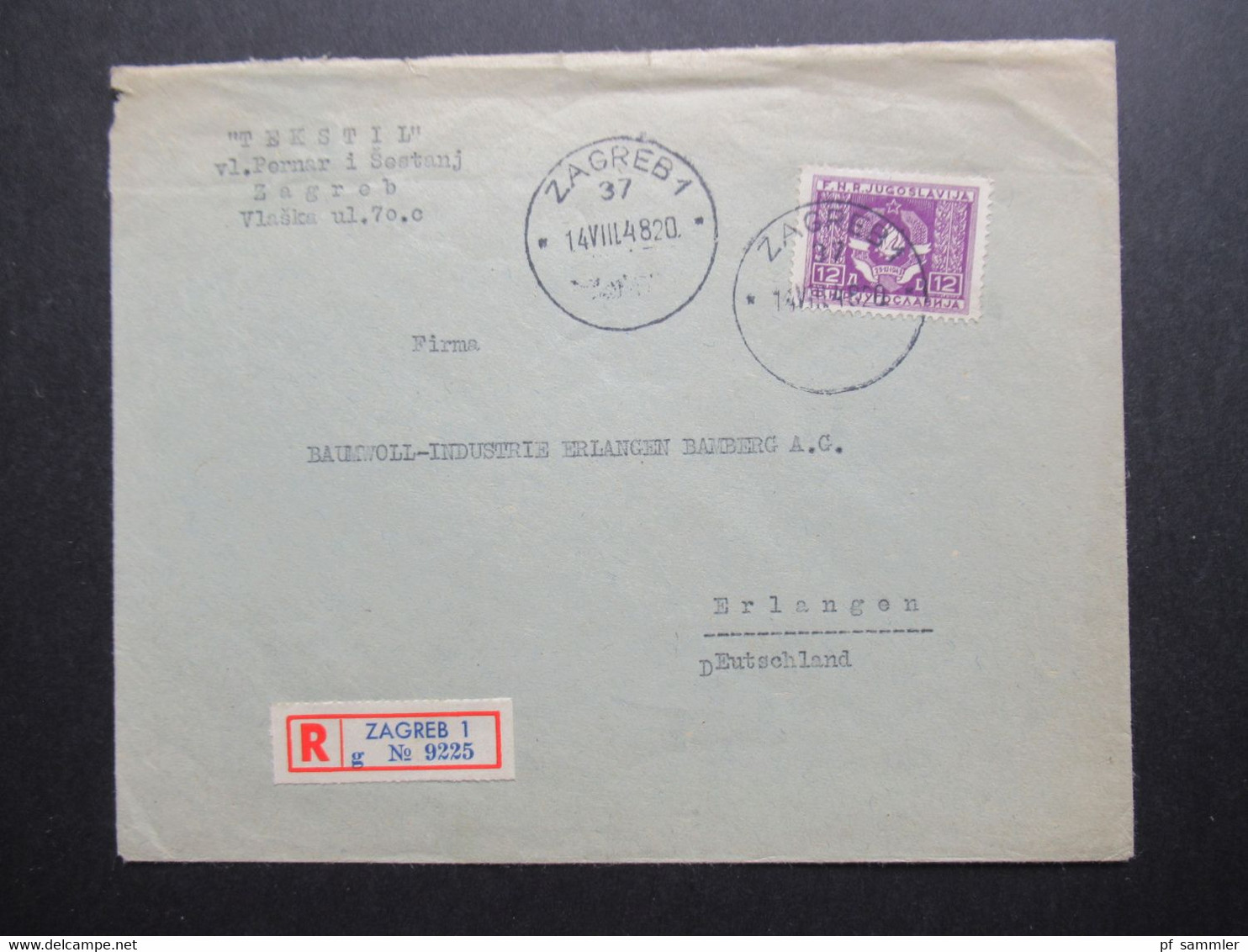 Jugoslawien 1948 Dienstmarke Nr.12 EF Tekstil Zagreb Einschreiben Zagreb 1 Nach Erlangen Mit Ank. Stempel - Storia Postale