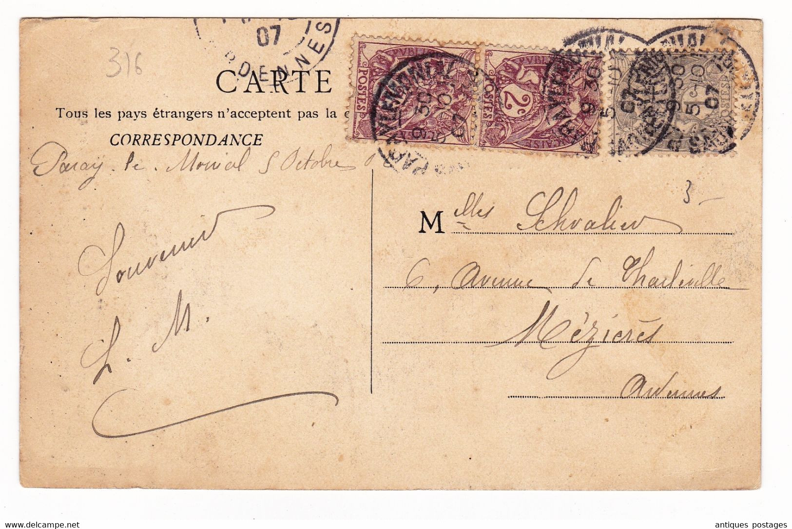 Carte Postale 1907Paire Type Blanc 2c Paray Le Monial Charleville Mézières Verosvres Marguerite Marie Alacoque Bourgogne - 1900-29 Blanc