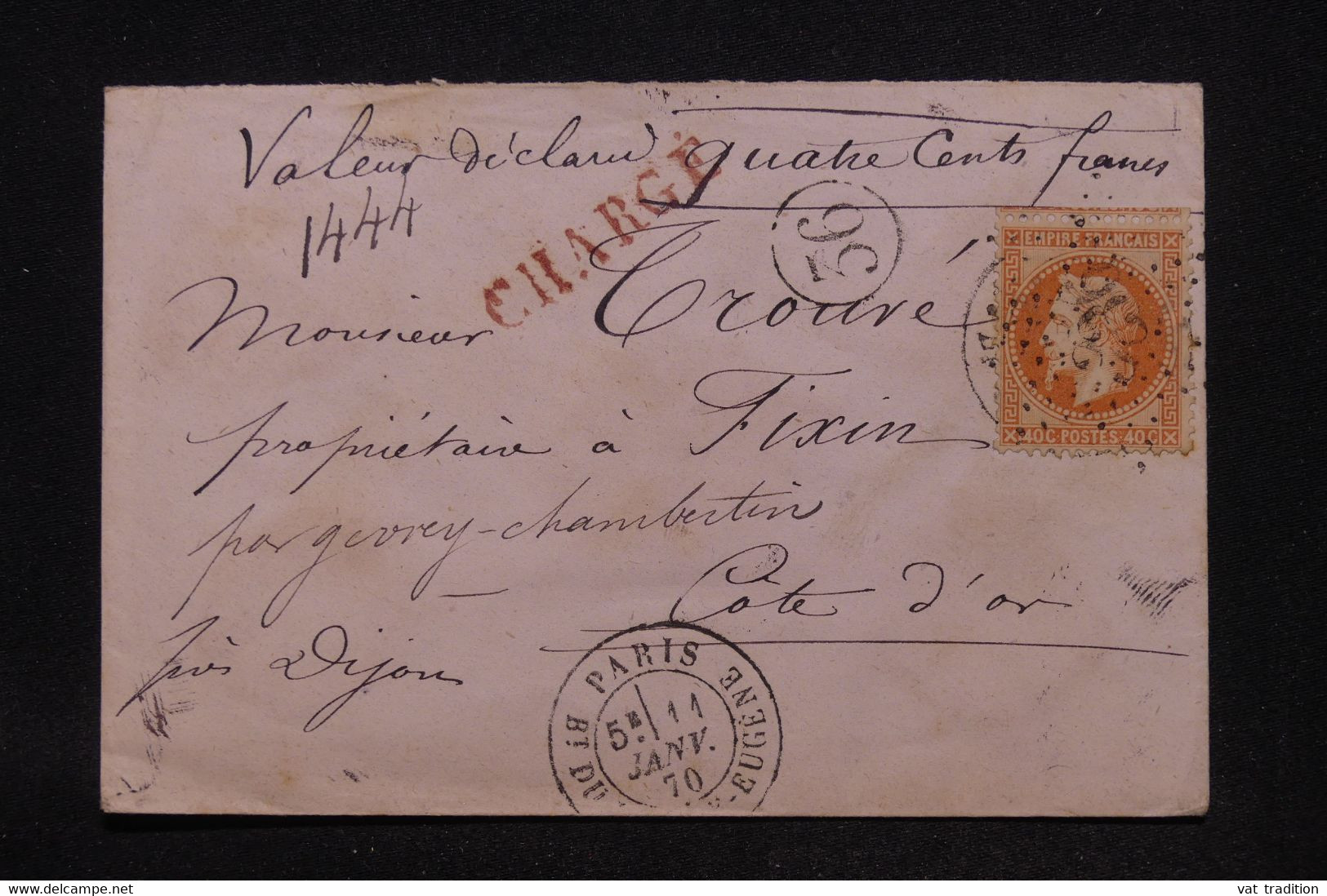 FRANCE - Enveloppe En Chargé De Paris Pour Fixin En 1870, Affranchissement Napoléon 40c , étoile 36 - L 100476 - 1849-1876: Classic Period