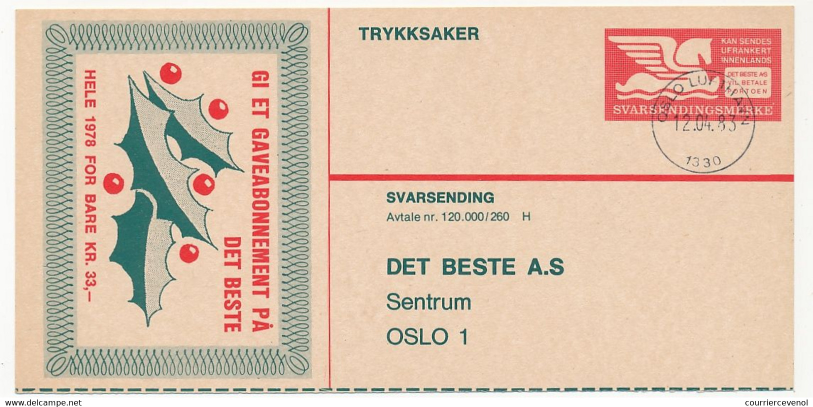 NORVEGE - Entier Publicitaire (Imprimé) Oslo 1983 - Abonnement "Det Beste" - Voir Le Scan - Postal Stationery