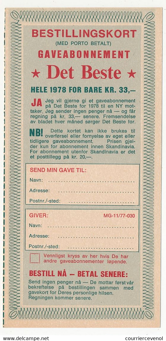 NORVEGE - Entier Publicitaire (Imprimé) Oslo 1983 - Abonnement "Det Beste" - Voir Le Scan - Interi Postali