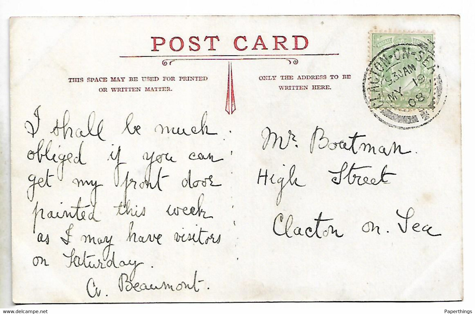 Early Postcard, Clacton-on-sea, Westward Ho, 32 Marine Parade West, 1908. Houses, Street. - Clacton On Sea