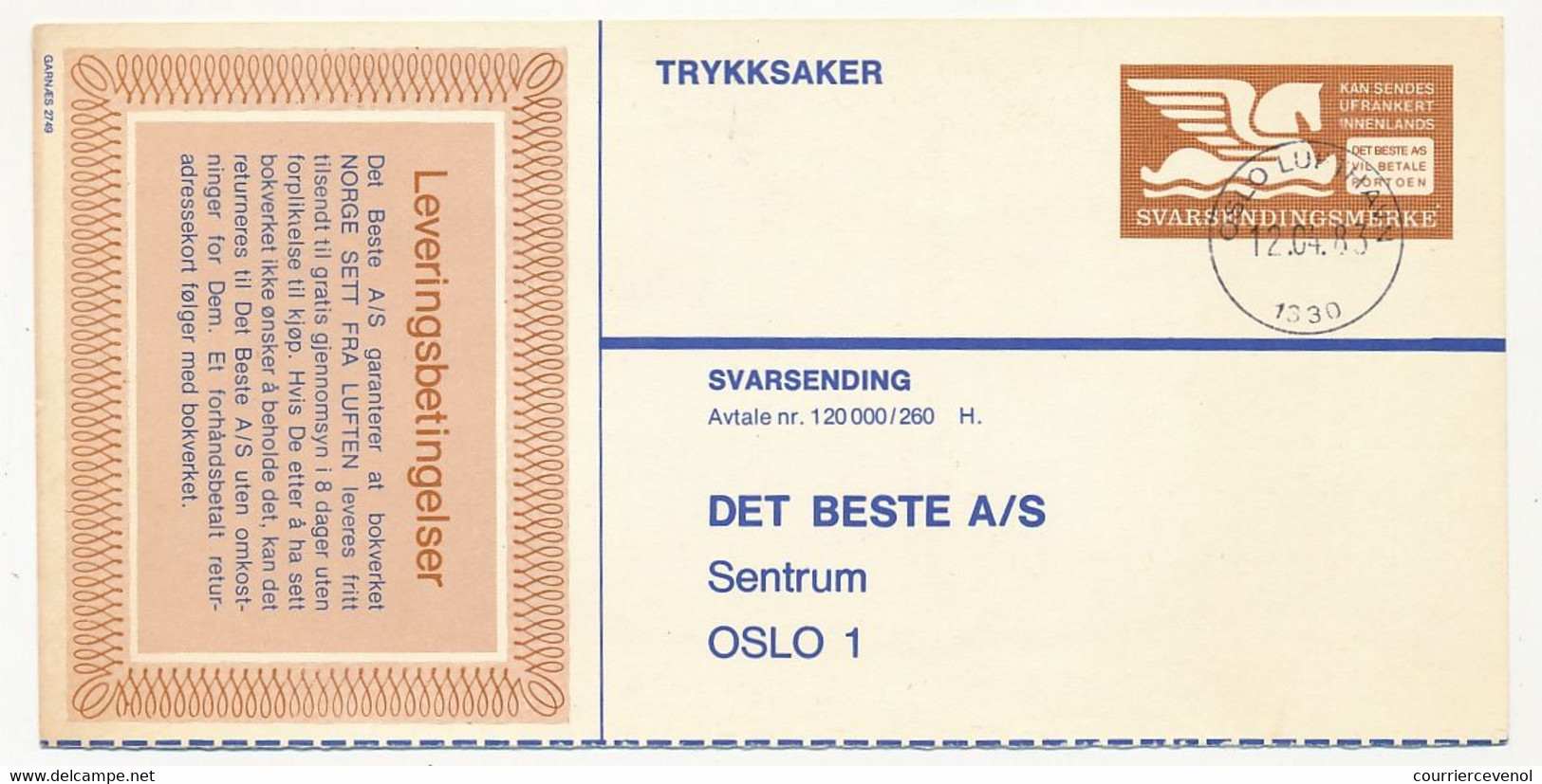 NORVEGE - Entier Publicitaire (Imprimé) Oslo 1983 -  "Det Beste" - Voir Le Scan - Entiers Postaux