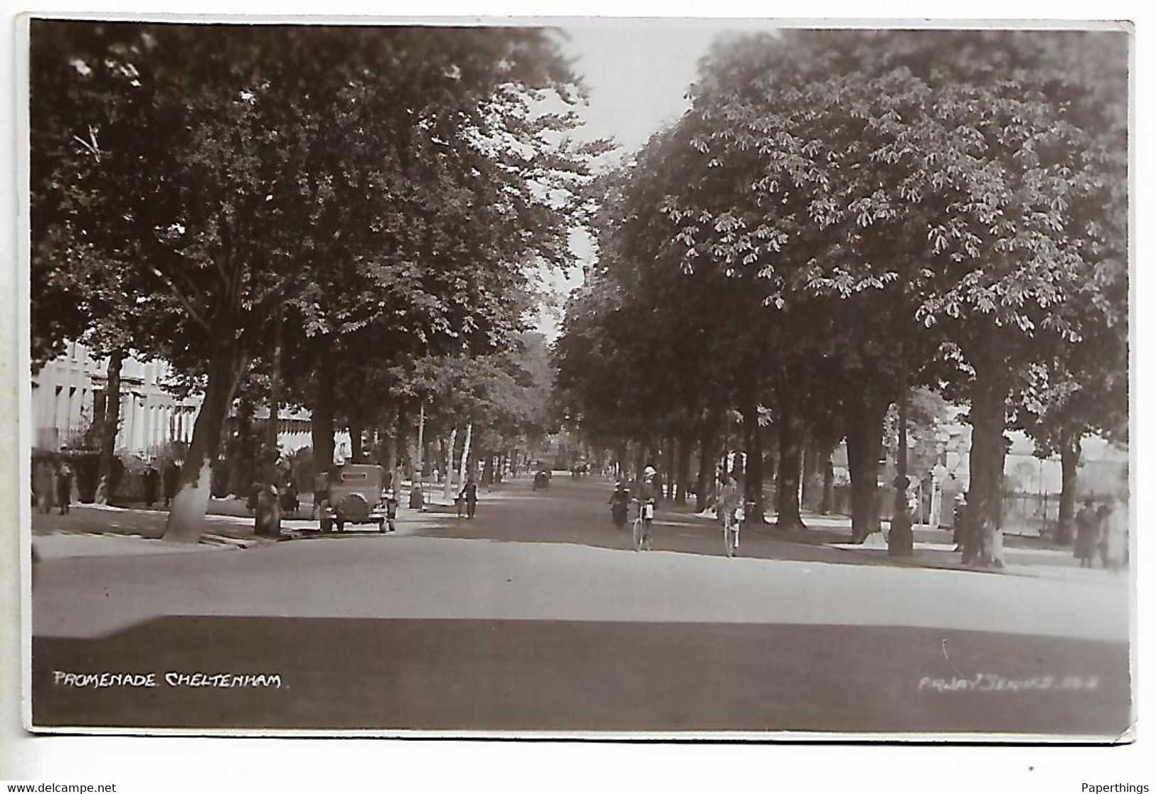 Real Photo Postcard, Cheltenham Promenade, Car, Bicycle, People, Houses, 1933. - Cheltenham