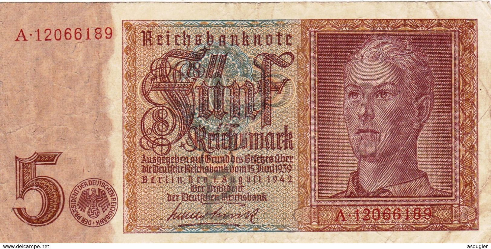 GERMANY 5 Reichs Mark (1939) 1942 F-VF P-186a "free Shipping Via Registered Air Mail) - 5 Reichsmark