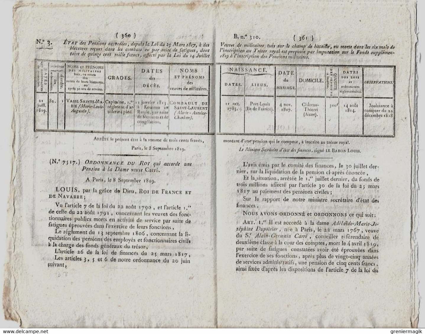 Bulletin Des Lois N°310 1819 Pensions Militaires Retraite, Veuves.../Lettres-patentes Bancalis De Maurel D'Aragon/Foires - Décrets & Lois