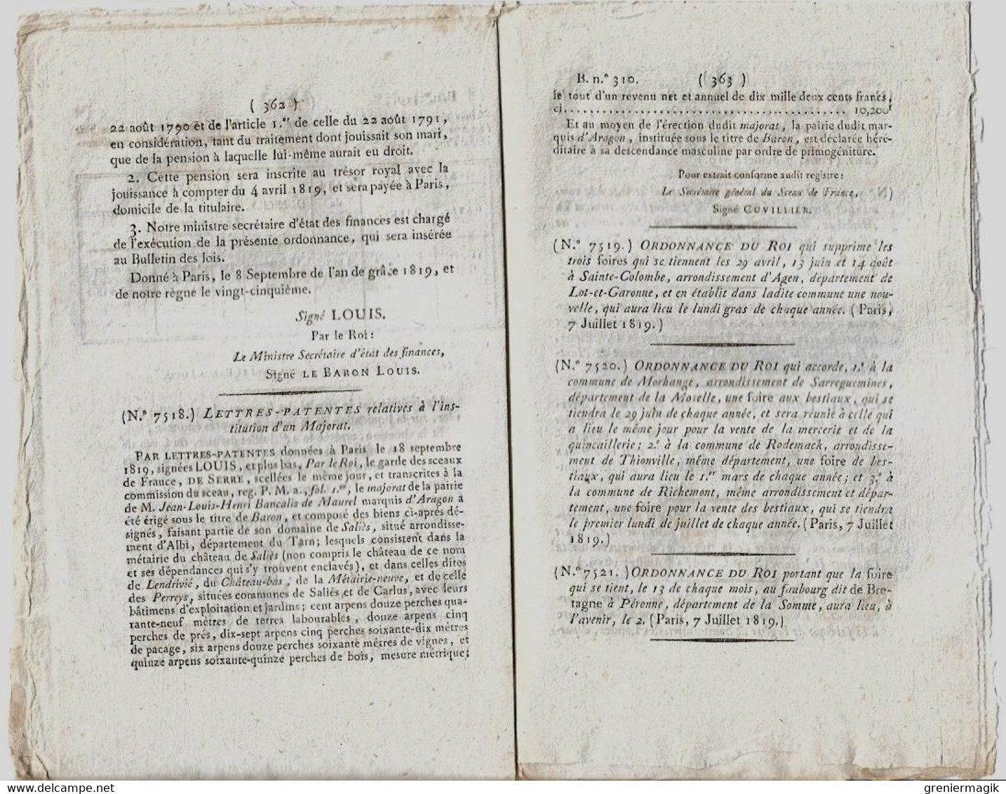 Bulletin Des Lois N°310 1819 Pensions Militaires Retraite, Veuves.../Lettres-patentes Bancalis De Maurel D'Aragon/Foires - Décrets & Lois