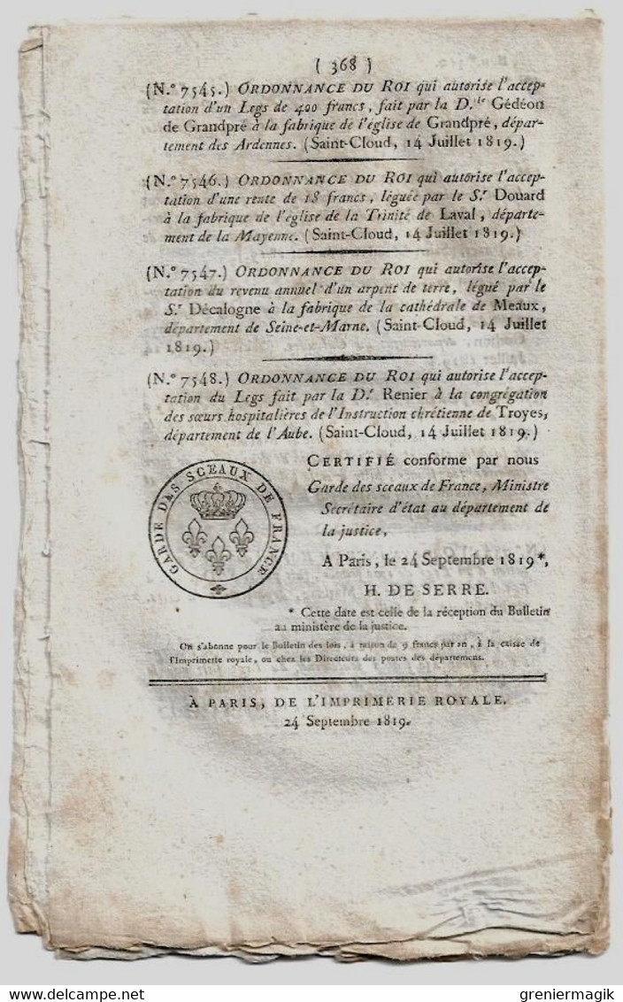 Bulletin des Lois N°310 1819 Pensions militaires retraite, veuves.../Lettres-patentes Bancalis de Maurel d'Aragon/Foires