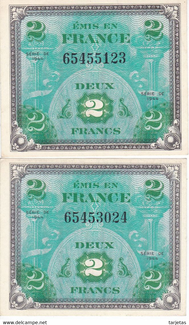 PAREJA CORRELATIVA DE FRANCIA DE 2 FRANCS DEL AÑO 1944 SIN CIRCULAR (BANKNOTE) UNCIRCULATED - 1944 Drapeau/France